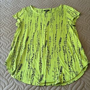 EUC- Alfani Lime Green Top with Black Floral Design